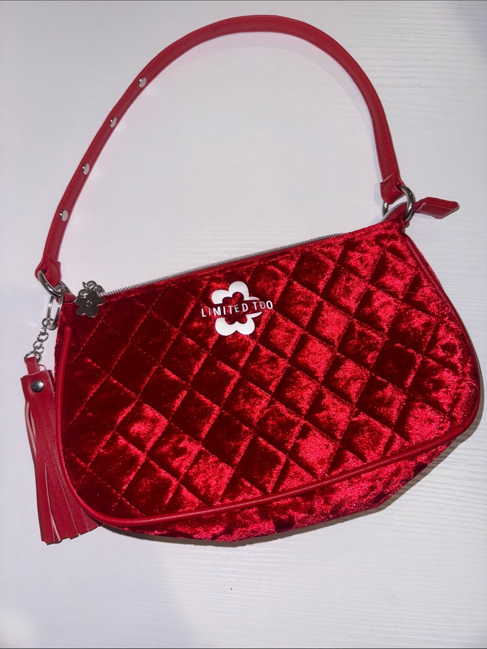 Vintage Y2K Limited Too Red Velvet Quilted Shoulder Bag Tassel Purse